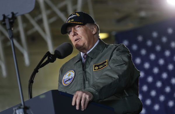 President Donald Trump reads from a teleprompter during a speech aboard the nuclear aircraft carrier Gerald R. Ford, at Newport News Shipbuilding in Newport News, Va., Thursday, March 2, 2017. - Sputnik International