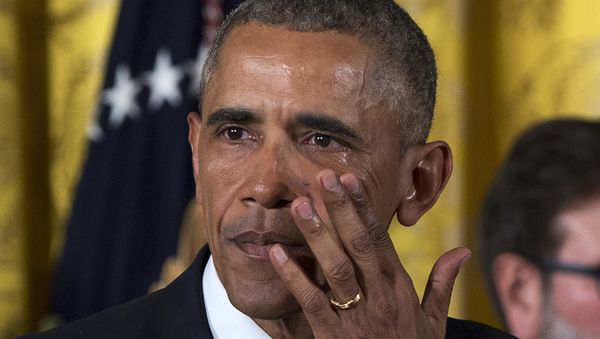 President Barack Obama wipes away tears from his eyes as he speaks in the East Room of the White House in Washington on Jan. 5, 2016, about steps his administration is taking to reduce gun violence. - Sputnik International