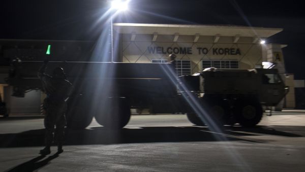 In this photo provided by U.S. Forces Korea, a truck carrying parts of U.S. missile launchers and other equipment needed to set up the Terminal High Altitude Area Defense (THAAD) missile defense system arrive at Osan air base in Pyeongtaek, South Korea, Monday, March 6, 2017. In this photo provided by U.S. Forces Korea, a truck carrying parts of U.S. missile launchers and other equipment needed to set up the Terminal High Altitude Area Defense (THAAD) missile defense system arrive at Osan air base in Pyeongtaek, South Korea, Monday, March 6, 2017. - Sputnik International
