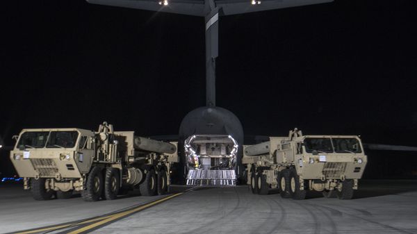 In this photo provided by U.S. Forces Korea, trucks carrying U.S. missile launchers and other equipment needed to set up the Terminal High Altitude Area Defense (THAAD) missile defense system arrive at the Osan air base in Pyeongtaek, South Korea, Monday, March 6, 2017. In this photo provided by U.S. Forces Korea, trucks carrying U.S. missile launchers and other equipment needed to set up the Terminal High Altitude Area Defense (THAAD) missile defense system arrive at the Osan air base in Pyeongtaek, South Korea, Monday, March 6, 2017. - Sputnik International