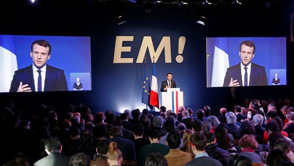 Emmanuel Macron, head of the political movement En Marche !, or Onwards !, and candidate for the 2017 French presidential election, speaks during a news conference to unveil his fully budgeted manifesto, named a contract with the nation, in Paris, France, March 2, 2017. Emmanuel Macron, head of the political movement En Marche !, or Onwards !, and candidate for the 2017 French presidential election, speaks during a news conference to unveil his fully budgeted manifesto, named a contract with the nation, in Paris, France, March 2, 2017. - Sputnik International