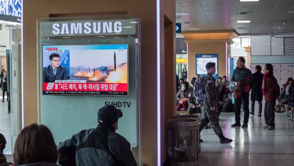 A television screen shows news coverage of a North Korean rocket launch at Seoul station on March 7, 2017 A television screen shows news coverage of a North Korean rocket launch at Seoul station on March 7, 2017 - Sputnik International