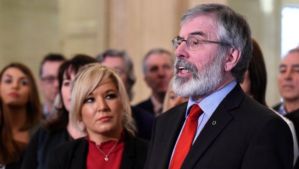 Sinn Fein leader Michelle O'Neill and Sinn Fein President Gerry Adams speak to media and introduce the new Sinn Fein Assembly team at Parliament buildings in Belfast, Northern Ireland March 6, 2017. - Sputnik International