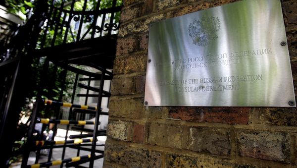 A sign on the wall at the entrance to the Russian Embassy in London. (File) A sign on the wall at the entrance to the Russian Embassy in London. (File) - Sputnik International
