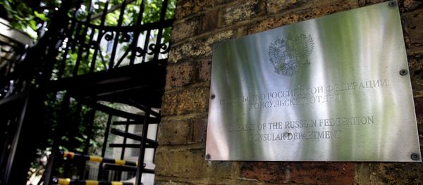 A sign on the wall at the entrance to the Russian Embassy in London. (File) A sign on the wall at the entrance to the Russian Embassy in London. (File) - Sputnik International