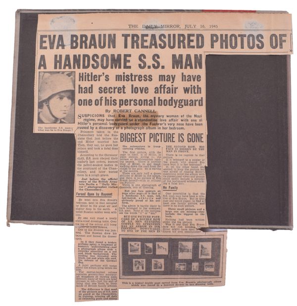 Article in the Daily Mirror of July 16, 1945 which features the Album with photographs of some of its images, including a double page clearly from the Album, under the heading Eva Braun Treasured Photos of a handsome S.S.Man with the sensational claim that Hitler's mistress may have had a secret love affair with one of his personal bodyguard. - Sputnik International