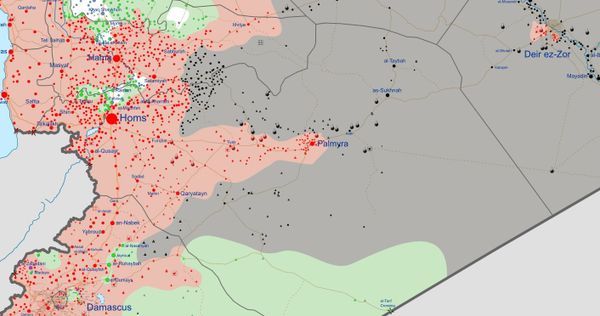 Syrian Civil War map. Red: Damascus-controlled territory, Green: Opposition forces-controlled territory, Black: Daesh (ISIS)-controlled territory. Note that in the area around Palmyra, where the Israeli F-16s struck, only Syrian government forces and Daesh are present. Syrian Civil War map. Red: Damascus-controlled territory, Green: Opposition forces-controlled territory, Black: Daesh (ISIS)-controlled territory. Note that in the area around Palmyra, where the Israeli F-16s struck, only Syrian government forces and Daesh are present. - Sputnik International