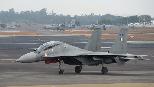 A Sukhoi Su-30MKI combat aircraft of the Indian Air Force takes part in the inaugural day of the 11th edition of 'Aero India', a biennial air show and aviation exhibition, in Bangalore on February 14, 2017 A Sukhoi Su-30MKI combat aircraft of the Indian Air Force takes part in the inaugural day of the 11th edition of 'Aero India', a biennial air show and aviation exhibition, in Bangalore on February 14, 2017 - Sputnik International