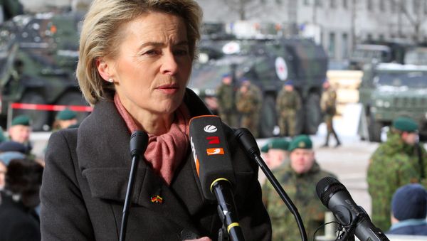 German Defence Minister Ursula von der Leyen speaks during a press conference after the official welcome ceremony for the arrival of first troops of the NATO enhanced Forward Presence (eFP) battalion battle group in Rukla, Lithuania, on February 7 , 2017 German Defence Minister Ursula von der Leyen speaks during a press conference after the official welcome ceremony for the arrival of first troops of the NATO enhanced Forward Presence (eFP) battalion battle group in Rukla, Lithuania, on February 7 , 2017 - Sputnik International