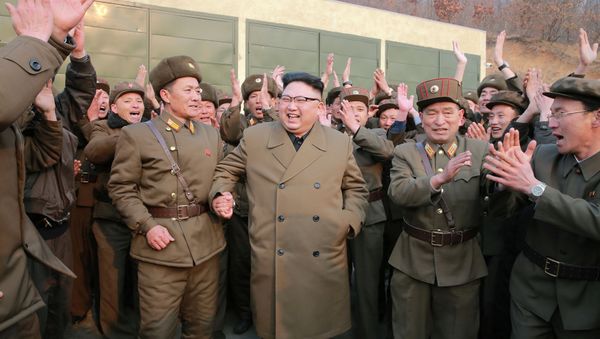 North Korean leader Kim Jong Un watched the ground jet test of a Korean-style high-thrust engine newly developed by the Academy of the National Defence Science in this undated picture provided by KCNA in Pyongyang on March 19, 2017. - Sputnik International