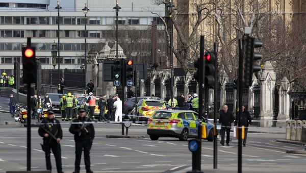 Armed police officers stand guard as forensics officers work around a grey vehicle that crashed into the railings of the Houses of Parliament in central London on March 22, 2017, during an emergency inciden Armed police officers stand guard as forensics officers work around a grey vehicle that crashed into the railings of the Houses of Parliament in central London on March 22, 2017, during an emergency inciden - Sputnik International