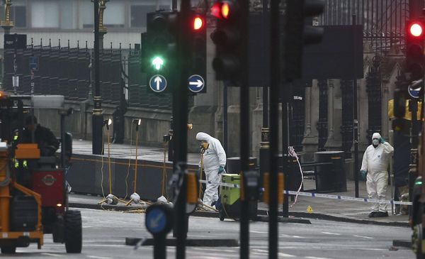 Forensics investigators and police officers work at the site near Westminster Bridge the morning after an attack by a man driving a car and weilding a knife left five people dead and dozens injured, in London, Britain, March 23, 2017.  - Sputnik International