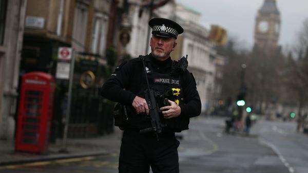 An armed police officer stands on Whitehall the morning after an attack by a man driving a car and weilding a knife left five people dead and dozens injured, in London, Britain, March 23, 2017. - Sputnik International