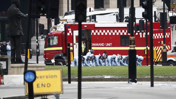 Police officers search an area of Parliament Square the morning after an attack in London, Britain, March 23, 2017. Police officers search an area of Parliament Square the morning after an attack in London, Britain, March 23, 2017. - Sputnik International