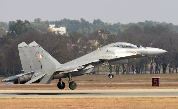 A Sukhoi Su-30MKI combat aircraft of the Indian Air Force takes off during an aerial display at Yelahanka Air Force Station on the inaugural day of the 11th edition of 'Aero India', a biennial air show and aviation exhibition, in Bangalore on February 14, 2017 - Sputnik International