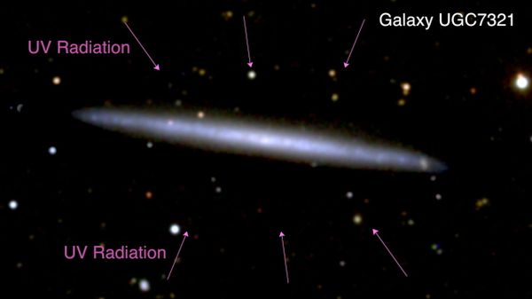 UGC 7321 starlight: Colour image of the starlight emitted by a nearby spiral galaxy called UGC 7321. Stars in this galaxy lie in a disc, similar to that of our Galaxy, the Milky Way. We see this disc nearly perfectly edge-on. Other sources in the image are foreground or background objects (galaxies and stars), unrelated to galaxy UGC 7321. UGC 7321 starlight: Colour image of the starlight emitted by a nearby spiral galaxy called UGC 7321. Stars in this galaxy lie in a disc, similar to that of our Galaxy, the Milky Way. We see this disc nearly perfectly edge-on. Other sources in the image are foreground or background objects (galaxies and stars), unrelated to galaxy UGC 7321. - Sputnik International
