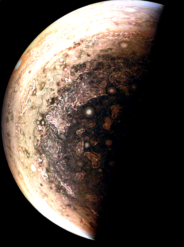 A photo of Jupiter from Juno. Contrast and Color changes both major and subtle to bring out details and also removed longest wavelength color channel to improve sharpness. And yes I did use mspaint for some of it! - Sputnik International