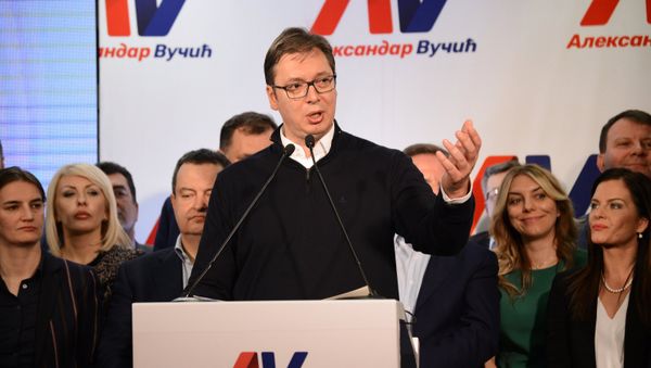 Serbian Prime Minister Aleksandar Vucic, the leading candidate in the Serbian presidential election, at his headquarters in Belgrade - Sputnik International