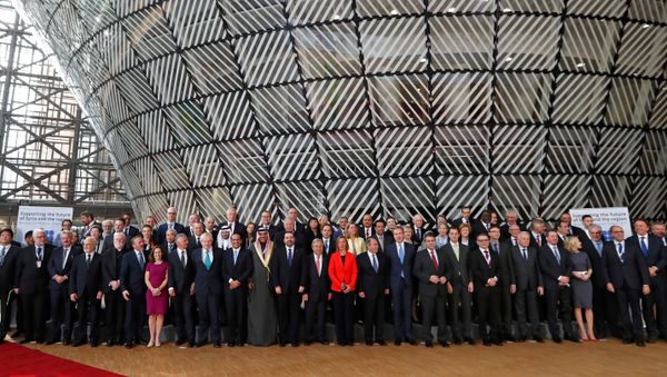 Foreign Ministers and officials pose for a group photo as they take part in an international conference on the future of Syria and the region, in Brussels, Belgium, April 5, 2017. Foreign Ministers and officials pose for a group photo as they take part in an international conference on the future of Syria and the region, in Brussels, Belgium, April 5, 2017. - Sputnik International