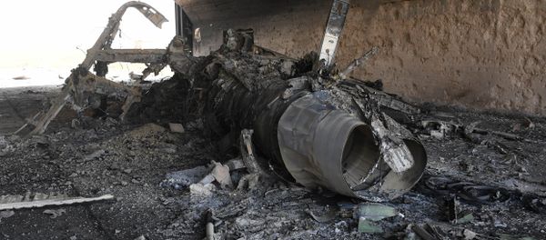 The body of a plane burned as a result of the US missile attack on an air base in Syria The body of a plane burned as a result of the US missile attack on an air base in Syria - Sputnik International