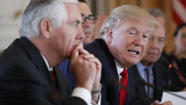 President Donald Trump, joined by Secretary of State Rex Tillerson, left, speaks during a bilateral meeting with Chinese President Xi Jinping at Mar-a-Lago, Friday, April 7, 2017, in Palm Beach, Fla President Donald Trump, joined by Secretary of State Rex Tillerson, left, speaks during a bilateral meeting with Chinese President Xi Jinping at Mar-a-Lago, Friday, April 7, 2017, in Palm Beach, Fla - Sputnik International