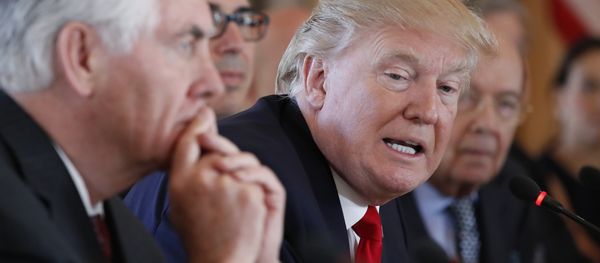 President Donald Trump, joined by Secretary of State Rex Tillerson, left, speaks during a bilateral meeting with Chinese President Xi Jinping at Mar-a-Lago, Friday, April 7, 2017, in Palm Beach, Fla President Donald Trump, joined by Secretary of State Rex Tillerson, left, speaks during a bilateral meeting with Chinese President Xi Jinping at Mar-a-Lago, Friday, April 7, 2017, in Palm Beach, Fla - Sputnik International