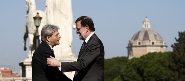 Spain's Prime Minister Mariano Rajoy is welcomed by Italy's Prime Minister Paolo Gentiloni outside the city hall Campidoglio (Capitoline Hill) as EU leaders arrive for a meeting on the 60th anniversary of the Treaty of Rome, in Rome, Italy March 25, 2017. Spain's Prime Minister Mariano Rajoy is welcomed by Italy's Prime Minister Paolo Gentiloni outside the city hall Campidoglio (Capitoline Hill) as EU leaders arrive for a meeting on the 60th anniversary of the Treaty of Rome, in Rome, Italy March 25, 2017. - Sputnik International