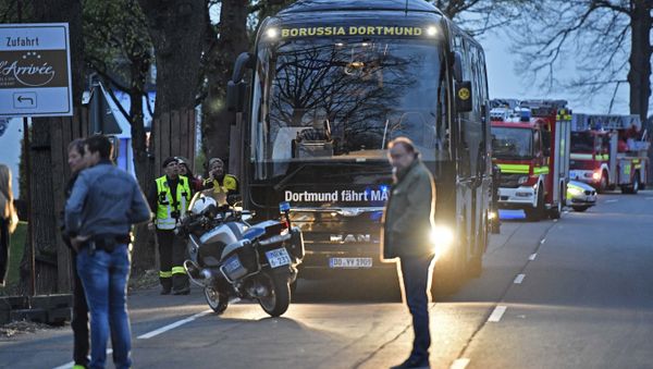 A window of Dortmund's team bus is damaged after an explosion before the Champions League quarterfinal soccer match between Borussia Dortmund and AS Monaco in Dortmund, western Germany, Tuesday, April 11, 2017 - Sputnik International