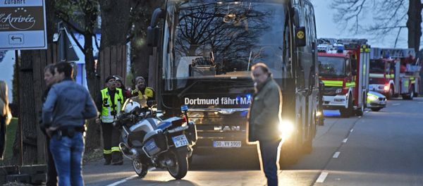 A window of Dortmund's team bus is damaged after an explosion before the Champions League quarterfinal soccer match between Borussia Dortmund and AS Monaco in Dortmund, western Germany, Tuesday, April 11, 2017 - Sputnik International