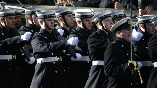 Members of the Royal Navy march on to Whitehall as they take past in the Remembrance Sunday service at the Cenotaph in London, Sunday, Nov. 13, 2016. - Sputnik International