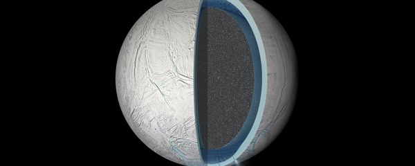 Illustration of the interior of Saturn's moon Enceladus showing a global liquid water ocean between its rocky core and icy crust. Thickness of layers shown here is not to scale. Illustration of the interior of Saturn's moon Enceladus showing a global liquid water ocean between its rocky core and icy crust. Thickness of layers shown here is not to scale. - Sputnik International