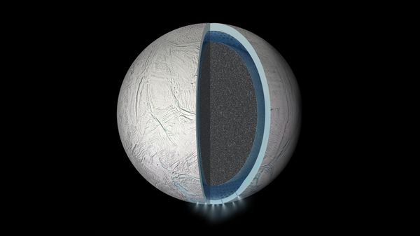 Illustration of the interior of Saturn's moon Enceladus showing a global liquid water ocean between its rocky core and icy crust. Thickness of layers shown here is not to scale. - Sputnik International