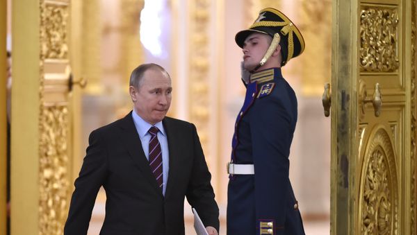 Russia's President Vladimir Putin arrives to chair a meeting of the Pobeda (Victory) Organising Committee at the Kremlin in Moscow on April 20, 2017 - Sputnik International