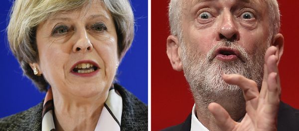A combination of pictures created in London on April 18, 2017 shows British Prime Minister and Conservative Party leader Theresa May (L) speaking at a press conference during a European Summit at the EU headquarters in Brussels on March 9, 2017 and Britain's main opposition Labour Party leader Jeremy Corbyn (R) speaking on the fourth day of the annual Labour Party conference in Liverpool, north west England on September 28, 2016. A combination of pictures created in London on April 18, 2017 shows British Prime Minister and Conservative Party leader Theresa May (L) speaking at a press conference during a European Summit at the EU headquarters in Brussels on March 9, 2017 and Britain's main opposition Labour Party leader Jeremy Corbyn (R) speaking on the fourth day of the annual Labour Party conference in Liverpool, north west England on September 28, 2016. - Sputnik International