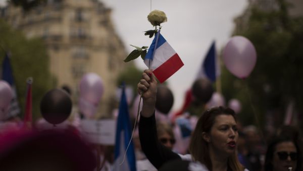 A woman holds a rose and a French flag during a demonstration in what was described as a march of support for all French security forces, in Paris A woman holds a rose and a French flag during a demonstration in what was described as a march of support for all French security forces, in Paris - Sputnik International