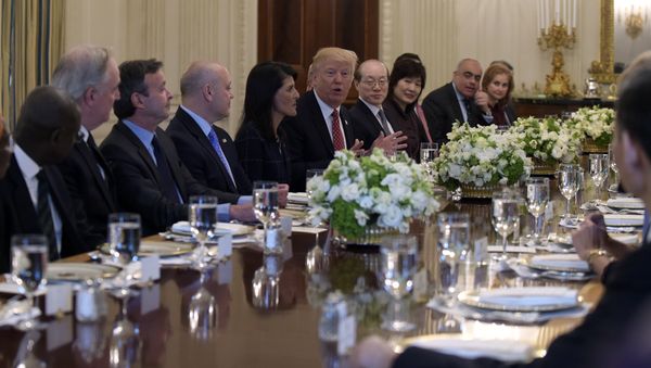 President Donald Trump, sitting next to U.S. Ambassador to the UN Nikki Haley, speaks during a working lunch with ambassadors of countries on the United Nations Security Council and their spouses in the State Dining Room of the White House in Washington President Donald Trump, sitting next to U.S. Ambassador to the UN Nikki Haley, speaks during a working lunch with ambassadors of countries on the United Nations Security Council and their spouses in the State Dining Room of the White House in Washington - Sputnik International