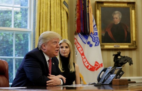 U.S. President Donald Trump and his daughter Ivanka hold a video conference call with Commander Peggy Whitson and Flight Engineer Jack Fischer of NASA on the International Space Station from the Oval Office of the White House in Washington, U.S., April 24, 2017 - Sputnik International