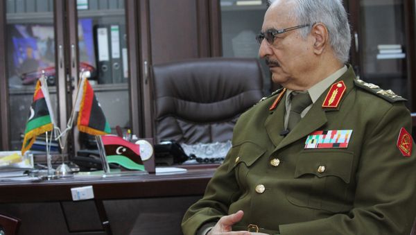 In this March 18, 2015 file photo, Gen. Khalifa Haftar speaks during an interview with The Associated Press in al-Marj, Libya. - Sputnik International