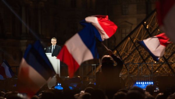 French President elect Emmanuel Macron on the stage at his victory rally near the Louvre in Paris, France May 7, 2017. French President elect Emmanuel Macron on the stage at his victory rally near the Louvre in Paris, France May 7, 2017. - Sputnik International