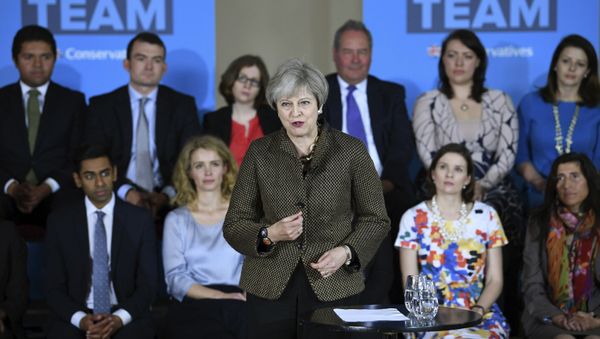 Britain's Prime Minister Theresa May speaks at the Dhamecha Lohana Centre in north west London, where she is meeting Conservative party general election candidates from across London and the south east of England, Monday May 8, 2017. Britain will hold a general election on June 8 Britain's Prime Minister Theresa May speaks at the Dhamecha Lohana Centre in north west London, where she is meeting Conservative party general election candidates from across London and the south east of England, Monday May 8, 2017. Britain will hold a general election on June 8 - Sputnik International