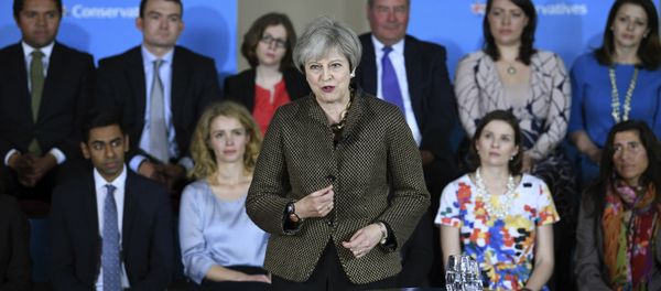 Britain's Prime Minister Theresa May speaks at the Dhamecha Lohana Centre in north west London, where she is meeting Conservative party general election candidates from across London and the south east of England, Monday May 8, 2017. Britain will hold a general election on June 8 Britain's Prime Minister Theresa May speaks at the Dhamecha Lohana Centre in north west London, where she is meeting Conservative party general election candidates from across London and the south east of England, Monday May 8, 2017. Britain will hold a general election on June 8 - Sputnik International