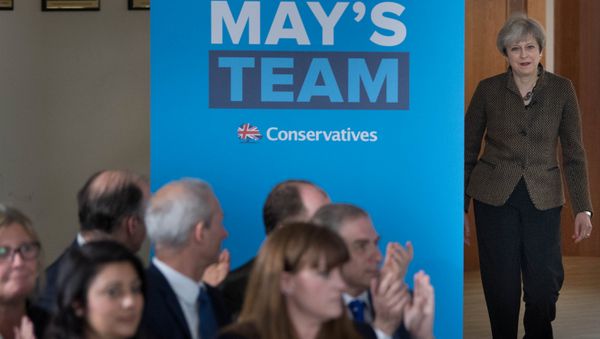 Britain's Prime Minister Theresa May arrives to address Conservative parliamentary candidates for London and the south east at the Dhamecha Lohana Centre in Harrow, north west London, May 8, 2017 Britain's Prime Minister Theresa May arrives to address Conservative parliamentary candidates for London and the south east at the Dhamecha Lohana Centre in Harrow, north west London, May 8, 2017 - Sputnik International