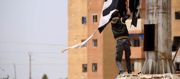 A member of the US-backed Syrian Democratic Forces (SDF), made up of an alliance of Arab and Kurdish fighters, removes an Islamic State group flag in the town of Tabqa, about 55 kilometres (35 miles) west of Raqa city, on April 30, 2017, as they advance in their battle for the group's de facto capital - Sputnik International