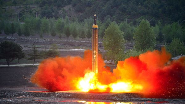 The long-range strategic ballistic rocket Hwasong-12 (Mars-12) is launched during a test in this undated photo released by North Korea's Korean Central News Agency (KCNA) on May 15, 2017. The long-range strategic ballistic rocket Hwasong-12 (Mars-12) is launched during a test in this undated photo released by North Korea's Korean Central News Agency (KCNA) on May 15, 2017. - Sputnik International