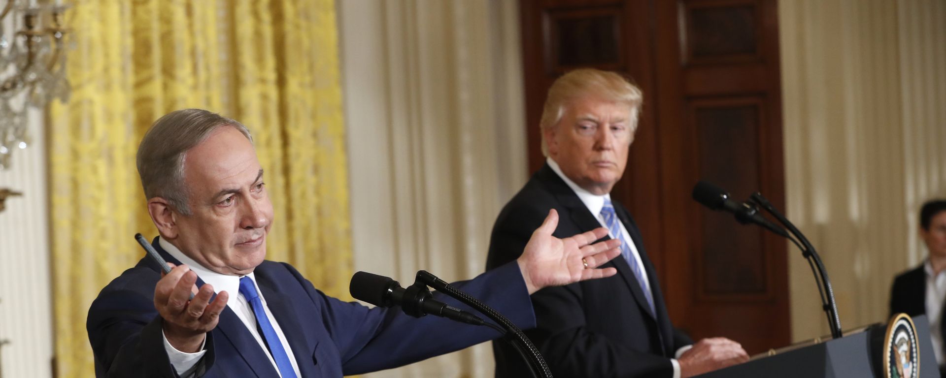President Donald Trump and Israeli Prime Minister Benjamin Netanyahu participate in a joint news conference in the East Room of the White House in Washington, Wednesday, Feb. 15, 2017. President Donald Trump and Israeli Prime Minister Benjamin Netanyahu participate in a joint news conference in the East Room of the White House in Washington, Wednesday, Feb. 15, 2017. - Sputnik International, 1920, 29.09.2025
