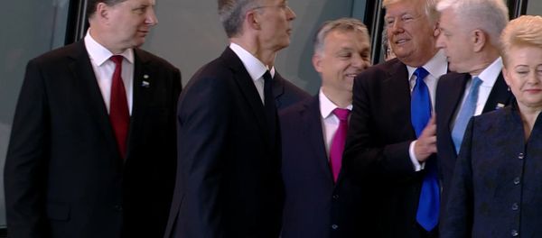 In this image taken from NATO TV, Montenegro Prime Minister Dusko Markovic, second right, appears to be pushed by US President Donald Trump In this image taken from NATO TV, Montenegro Prime Minister Dusko Markovic, second right, appears to be pushed by US President Donald Trump - Sputnik International