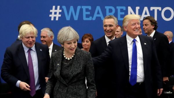 Britain's Foreign Secretary Boris Johnson (L), U.S. President Donald Trump (R) and Britain's Prime Minister Theresa May (C) attend a working dinner meeting at the NATO headquarters during a NATO summit of heads of state and government in Brussels, Belgium, May 25, 2017. - Sputnik International