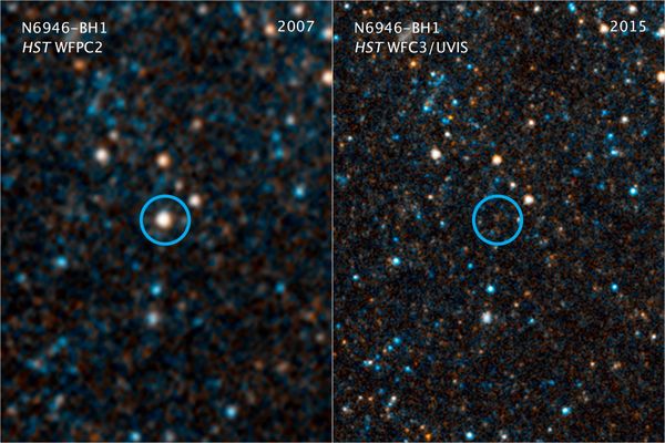 This pair of visible-light and near-infrared photos from NASA's Hubble Space Telescope shows the giant star N6946-BH1 before and after it vanished out of sight by imploding to form a black hole - Sputnik International