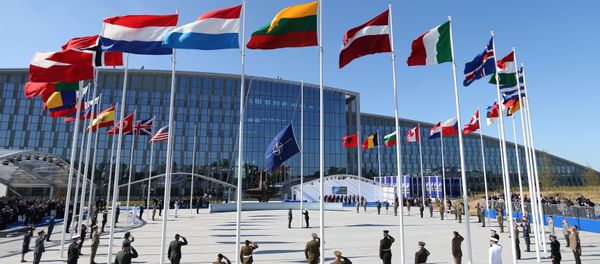 Flags of NATO member countires fly during a ceremony at the new NATO headquarters before the start of a summit in Brussels, Belgium, May 25, 2017 Flags of NATO member countires fly during a ceremony at the new NATO headquarters before the start of a summit in Brussels, Belgium, May 25, 2017 - Sputnik International