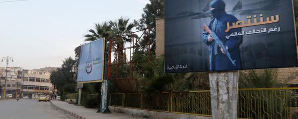 Islamic State billboards are seen along a street in Raqqa, eastern Syria. The billboard (R) reads: We will win despite the global coalition (File) - Sputnik International